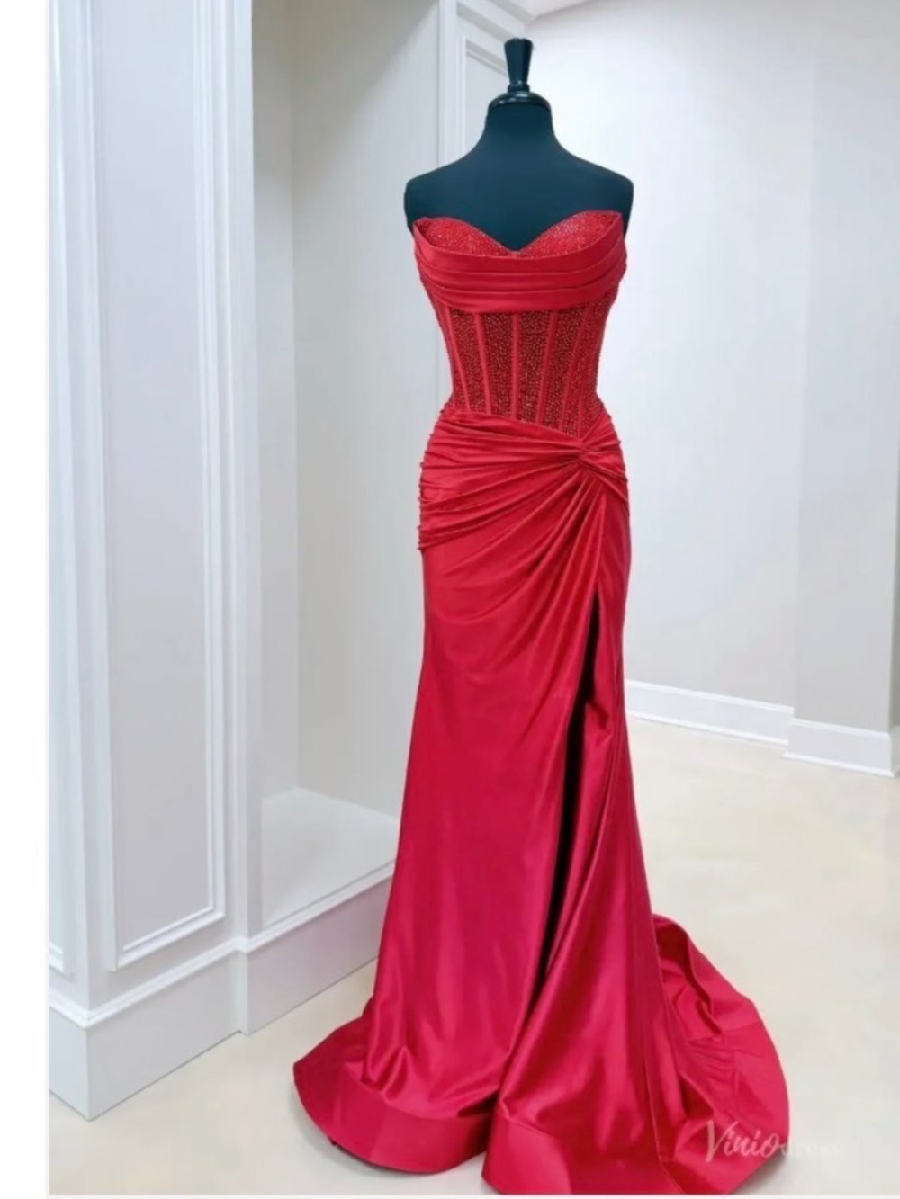 Strapless & Sparkly Gown | Red Ruched Silk Slit Trumpet Mermaid Prom Dress | 4